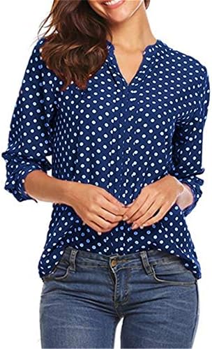 ANDONGNYWELL para impressão pequena Prinha em V Lango de manga longa Blusa de manga puxada Túnicas de camisa de chiffon soltas