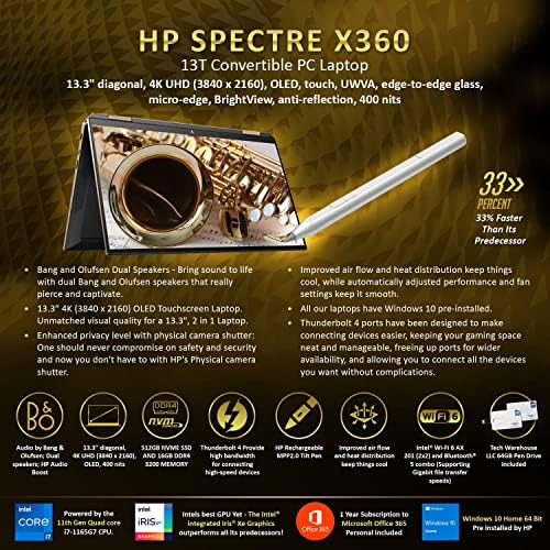 HP Spectre X360 13T 2021 4K OLED Intel Core i7 11th Gen I7-1165G7, 16 GB RAM, 512 GB SSD, Win 10 Home, Nightfall Black, Wi-Fi 6,13,3