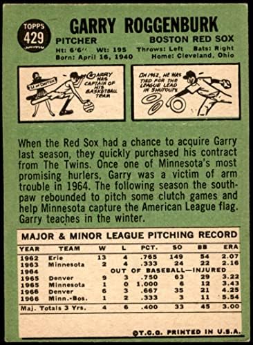 1967 Topps 429 Garry Roggenburk Boston Red Sox Fair Red Sox