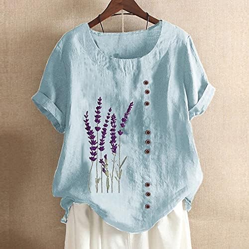 Camiseta azul royal para feminino verão outono de manga curta roupas de linho de linho de algodão Crewneck Brunch Floral Fit Fit