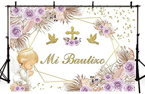 Aibiin 7x5ft mi bautizo cenário boho batismo deus abençoe a primeira comunhão decorações de partido anjo anjo roxo floral cross glitter