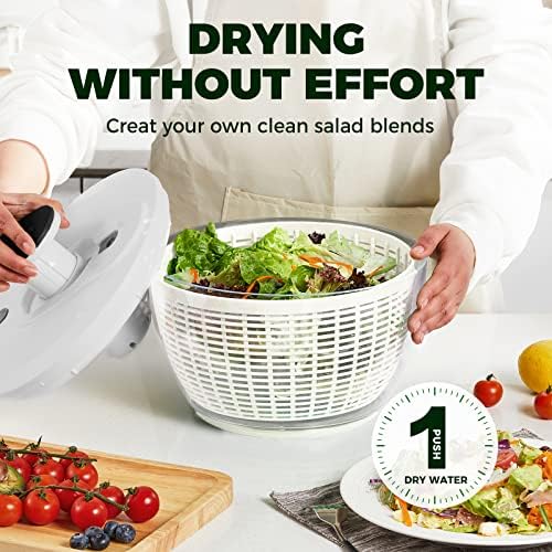Kuchecraft Salad Spinner grande 6.3 qt, girador manual de alface para preparação de vegetais, secador de fruta com uma mão com uma tigela e peneira, lavadora de louça lavadora de frutas vegetariana