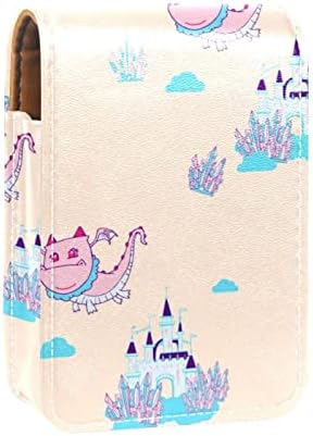 Mini maquiagem de Oryuekan com espelho, bolsa de embreagem Leatherette Lipstick Case, Castelo de Cartoon Dinossauros Pink Lovely