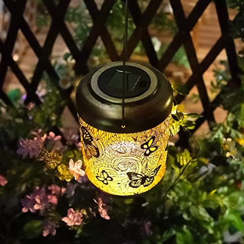 Lanternas solares Luzes de suspensão ao ar livre - Lanterna de decoração de metal oca, à prova d'água, alerta LED Decorative Garden Light - Presente de férias para pátio, quintal, caminho, paisagem