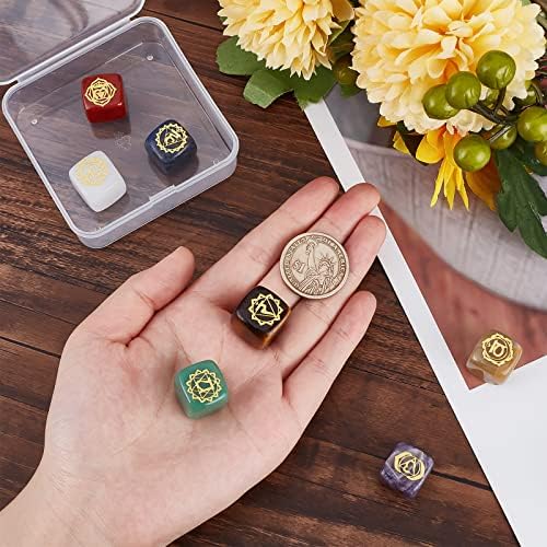 Beebeecraft 7pcs 7 cores Chakra Stones Cristais naturais Cubo quadrado Gemtones Gemishets Gold Brass Chakra Pattern Fatias