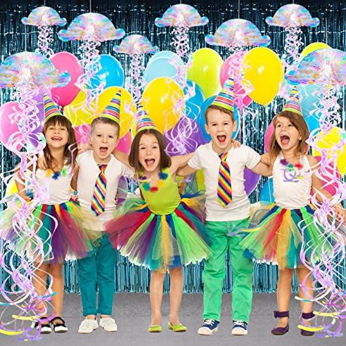 12 PCs sob decoração de festas de sereia marítima, incluem decoração de água -viva iridescente glitter, cenário de cortinas de papel alumínio metálico azul claro para a festa de aniversário temática do oceano