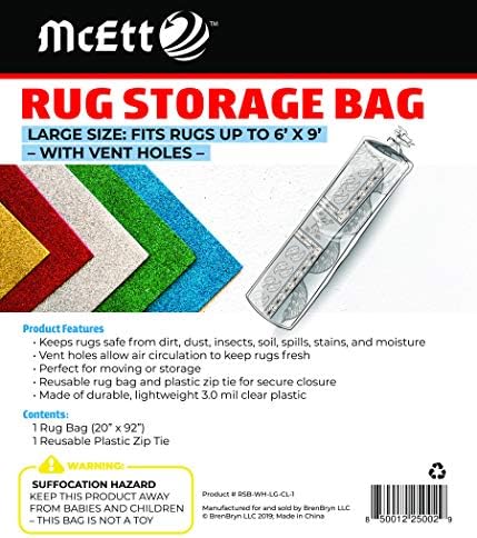 Bolsa de armazenamento de tapete e gravata com zíper - com orifícios de ventilação - tamanho grande se encaixa tapetes de até 6 'x 9' - protege tapetes laminados para mover ou armazenamento
