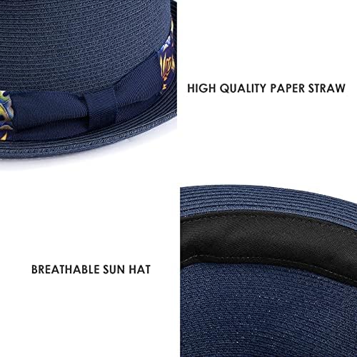 Chapéus de fedora com akio & aquirax com chapéus de sol curtos de palha fedora para homens chapéus de verão com cinta ajustável