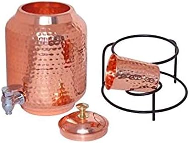 Dispensador de água de cobre martelado 5 litros com 1 vidro de cobre e suporte, puro cobre e benefícios de saúde ayurvédica