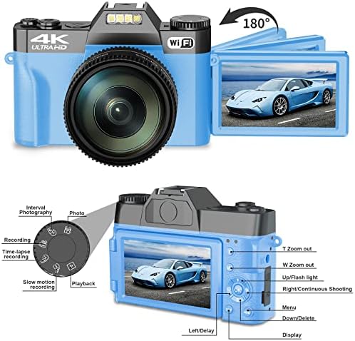 Câmera digital para fotografia, câmera de vlogging de 4k 48MP para YouTube com Wi-Fi, tela flip de 180 graus de 3 polegadas, zoom digital