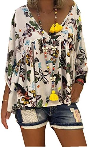 Andongnywell Womens Blusa casual Manga solta V Tops impressos de pescoço camisetas impressas túnicas de camisa de chiffon