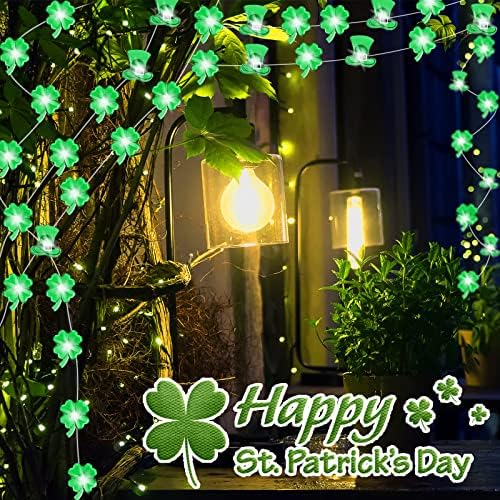 Luzes de cordas do dia de St. Patricks 60 LEDS 14,76 pés verdes shamrocks leprechaun top chat luzes luzes shamrock luzes de bateria