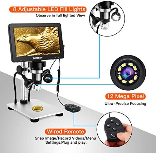 Tomlov DM9 Microscópio digital LCD 1200x com tela de 7 +BS01 Stand, microscópio de vídeo 1080p com suporte de metal, foco ultra-precioso