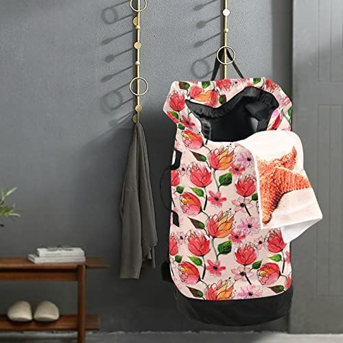Mochila de lavanderia lavável MnSruu Mochila grande bolsa de roupas sujas com alças de alça de ombro ajustáveis, flores de papoula