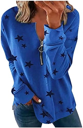 Moletom de manga longa feminina V Neck Half Zip Up Pullover Star Padrão