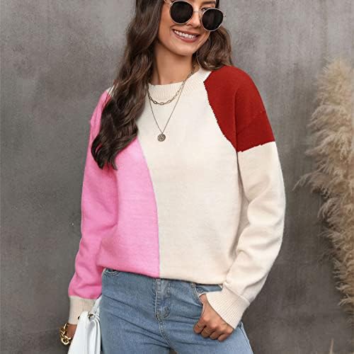 Suéteres femininos de mangas compridas blocos de cores de malha de moda suéter de malhas de inverno de inverno