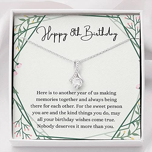Jóias de cartão de mensagem, colar artesanal- Presente personalizado Petit Ribbon, Happy 8th Birthday Colar com cartão