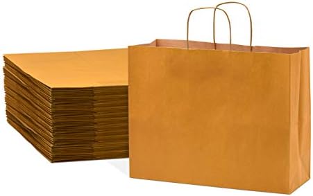 Sacos de presente laranja - 16x6x12 polegadas 100 pacotes de compras de papel kraft com alças, grandes bolsas artesanais a granel para butiques, pequenas empresas, lojas de varejo, festas de aniversário, jóias, mercadorias