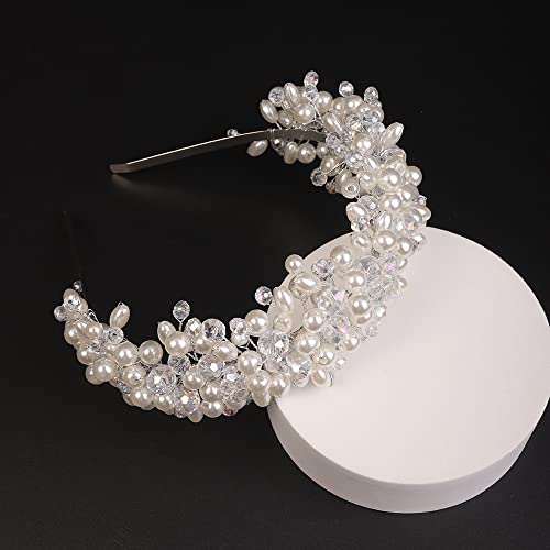 Teyglen Floral Wedding Pearl Crystal Tiara Hair Crown Vintage Pearl Rhinestone Bandas de cabeceira peças de cabelo Coroa de coroa