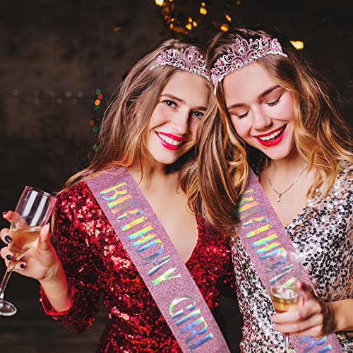 Coroa de aniversário da coroa Tiara Sash Conjunto para garotas Mulheres - Metal Crown com strass rosa e Glitter aniversariante