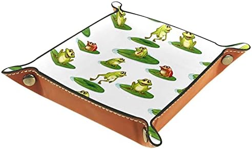 Declancing Rolling Dice Games Bandejas de jóias quadradas de couro e relógio, chave, moeda, Candy Storage Box Cartoon Frogs tocando em folha de lótus
