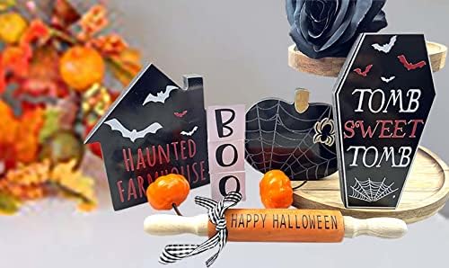 Decoração de bandeja em camadas de Halloween, decoração de outono, 9pcs boo sinais de madeira feliz de Halloween, incluindo abóbora