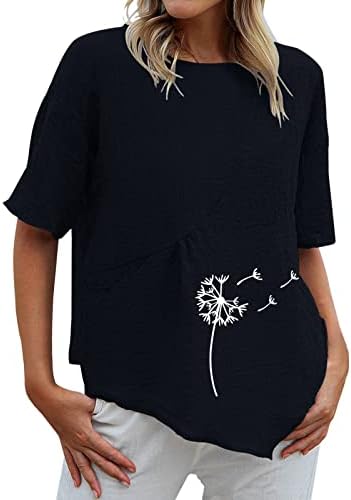 Tops femininos de impressão feminina Camisetas de pescoço de manga curta linho de linho de algodão Blusa Summer Summer Loose Fit Casual