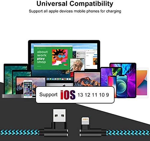 Carregador de iPhone do Foxsea 10ft 3pack de 90 graus Cabo de raio MFI MFI Cabelo de carregamento rápido de nylon para iPhone