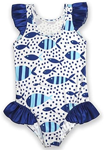 Luouse Girls Impresso Ruffle-Acent One Piece Beach Swimsuit 4-9 T