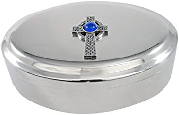 Cruz celta grande texturizada com pendente de pendente de centro azul caixa de jóias oval