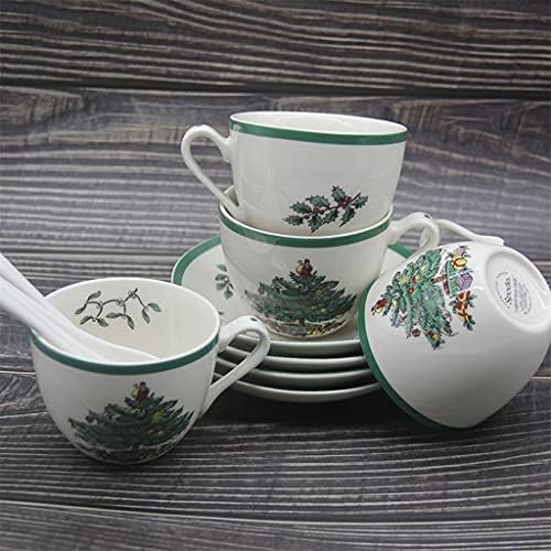 Liuzh Conjunto de 4 xícara de chá de árvore de Natal com pires e colher de chá de chá de chá de chá de café xícara de pires no estilo europeu
