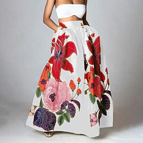 Floral Print Vintage Boho Maxi Saias para mulheres Casual Salas fluidas de verão com bolsos A saia A-line da cintura alta da cintura