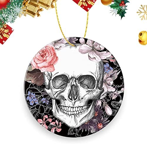 Ornamento de cerâmica de dupla face decoração de Natal de árvore de Natal de 3 polegadas ， esqueleto sorridente entre as flores