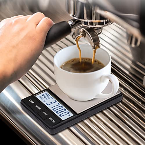 Pequena escala de café expresso com timer 1000g x 0,1g, escala de café fino e fino para bandeja de gotejamento 35 onças em 0,01