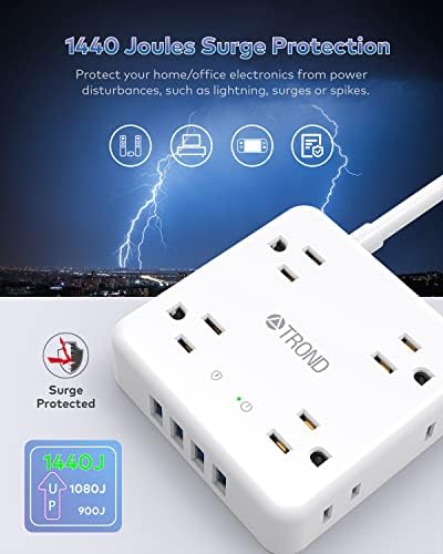 Power Strip Surge Protector USB - Cabo de extensão de Trond Long 6 pés com 8 pontos de venda com espaço amplamente espaçado e 4 portas