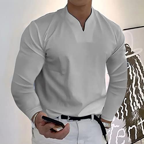 Wocachi Men's V Neck Henley Camisas de manga comprida, 2023 Músculos Slim Fit Business Camual Casual Tops sem gola leve