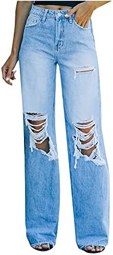 Jeans de perna reta de Panoegsn para mulheres, jeans rasgados de midreira, namorado de rua destruído casual Jean calças Jean