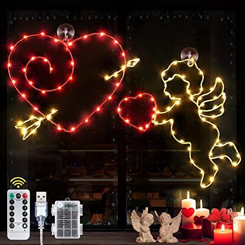 INONON Lighted Heart Cupid Arrow 2 Pack Luzes do Dia dos Namorados, 8 Modo USB e Silhueta de janela alimentada por bateria Luz, luzes de pendura de janela dos namorados para festa de casamento, vermelho quente branco
