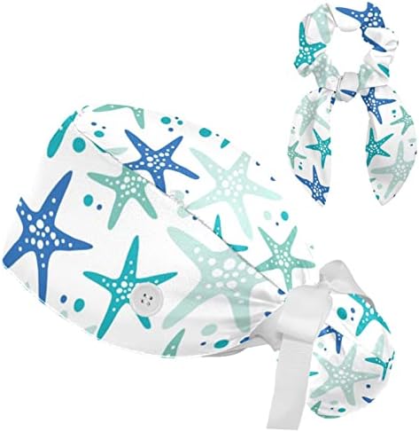 Blue Green Sea Starfishes Padrão Capinho de trabalho ajustável com cabelos arco e macio, chapéu bouffante com botões