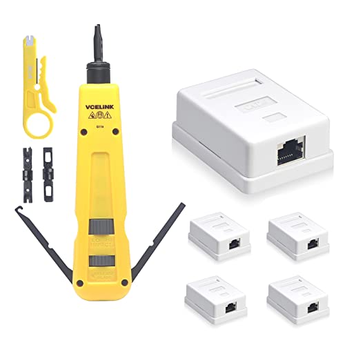 Ferramenta de impacto do punção vcelink com pacote de 110 e 66 lâminas com 5-Pack Cat6 Keystone Surface Mount Box 1-Port e 1-Pack