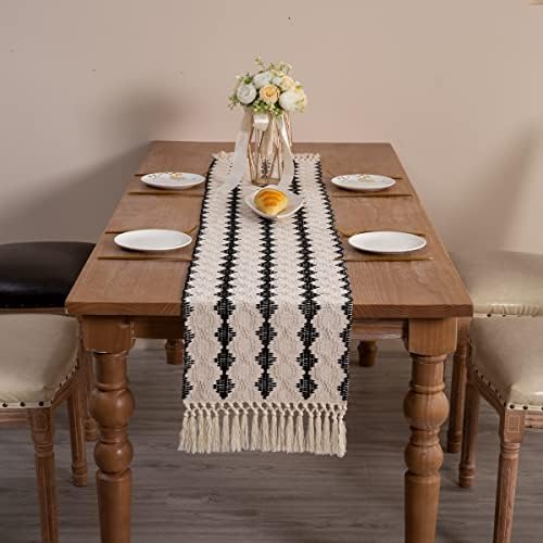 Corredor de mesa, Boho Table Runner Decorações de mesa de linho de algodão, corredores de mesa da fazenda com borlas para o chuveiro de casamento boêmio Decoração de mesa de jantar rústica em casa