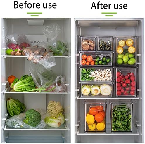 Gavetas empilháveis ​​mano caixas de organizadoras de geladeira com alça dupla puxar, conjunto de recipientes de alimentos