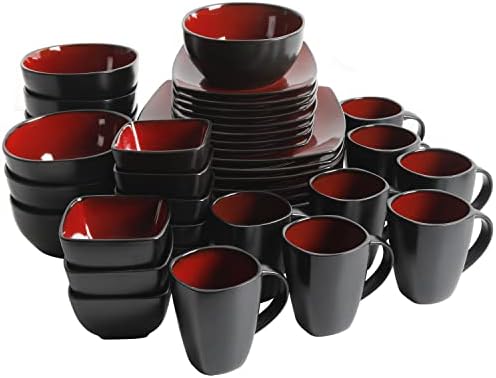 Gibson Soho Lounge Square Reactive Glaze Sites de utensílios de jantar, serviço para 8, vermelho/preto