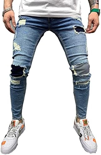 Weibumaoyi masculino, elástico reto e elástico, jeans magros e elásticos com remendos calças de perna cônica