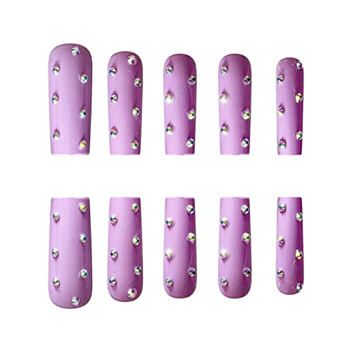 24pcs French Rhinsstones Purple Fake Unh Na unha completa Coffin Longa Press