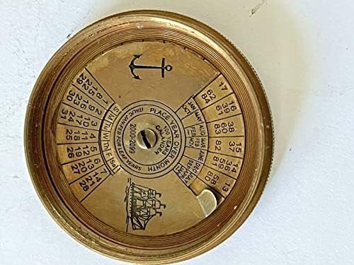 Bronze sólido bússola da marinha real e calendário com estojo de couro