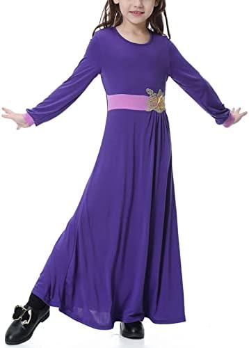 vestido longo muçulmano para meninas de 8 a 17 anos de menina de manga comprida pescoço redondo vestidos maxi casuais com bloco de cores com cinto
