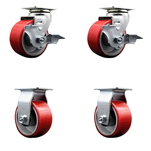 Conjunto de giro e rodízio rígido - Red 4 polegadas por 2 polegadas poli na roda de ferro fundido - rolamento de esferas
