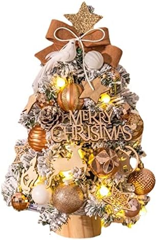 AETYGH 18 polegadas Mini árvore de Natal, neve artificial Mini árvore de Natal Gold com luzes LED e ornamentos