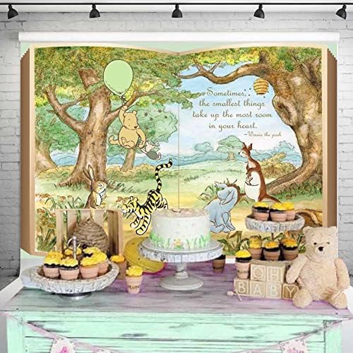 Claásico Pooh Livro gigante Cenário de gênero Decorações de chá de bebê neutro de bebê Vintage Winnie Bear Green Balloon em Cem Acre